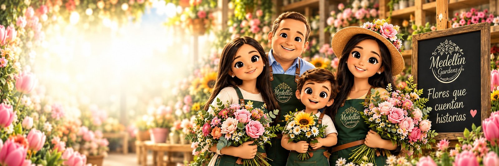 Familia de Medellín Gardens con flores
